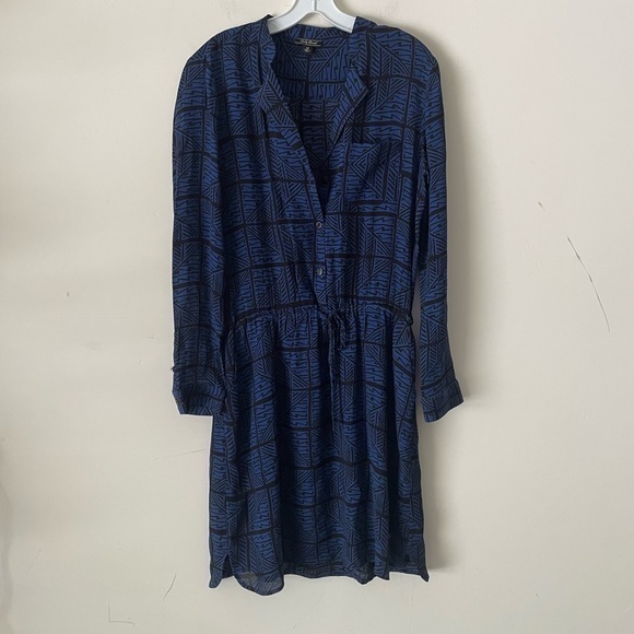 Lucky Brand Midi Blouse Dress Blue With Black Print Lines